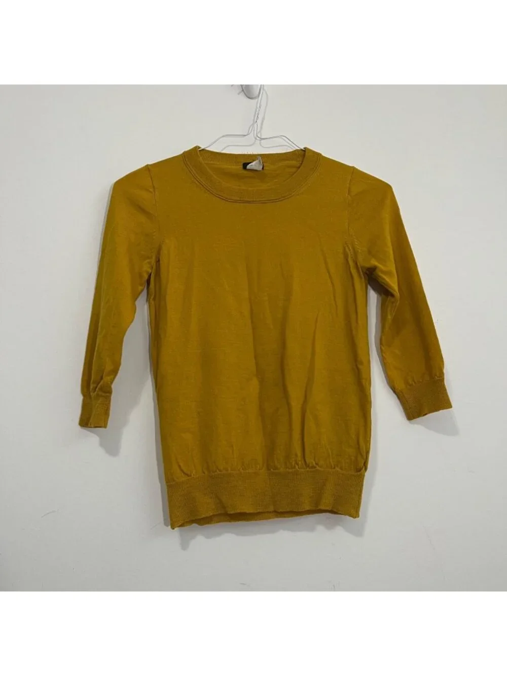 J.Crew Crewneck Mustard 100% Merino Wool Sweater 3/4 Sleeve Classic Preppy Sz S